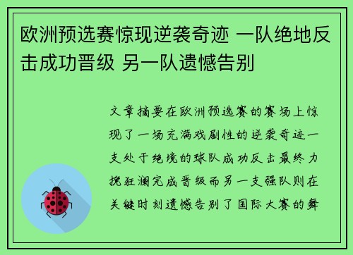 欧洲预选赛惊现逆袭奇迹 一队绝地反击成功晋级 另一队遗憾告别