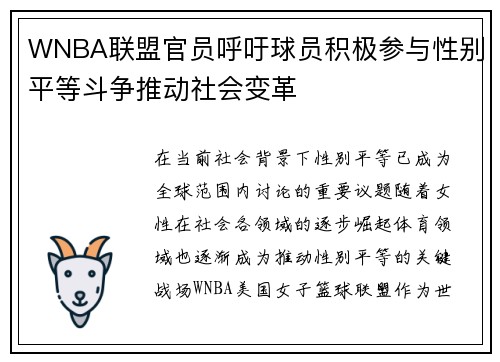 WNBA联盟官员呼吁球员积极参与性别平等斗争推动社会变革