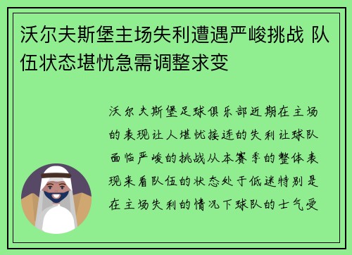 沃尔夫斯堡主场失利遭遇严峻挑战 队伍状态堪忧急需调整求变