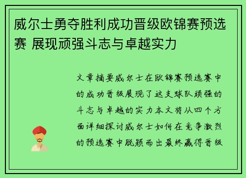 威尔士勇夺胜利成功晋级欧锦赛预选赛 展现顽强斗志与卓越实力