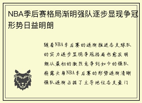 NBA季后赛格局渐明强队逐步显现争冠形势日益明朗